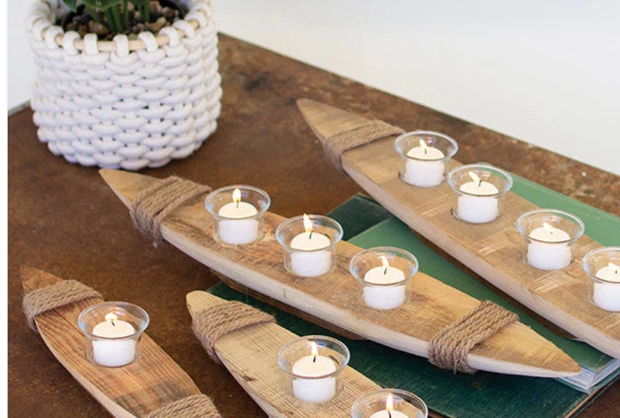 Rustic Wood Boat Tea Light Holder