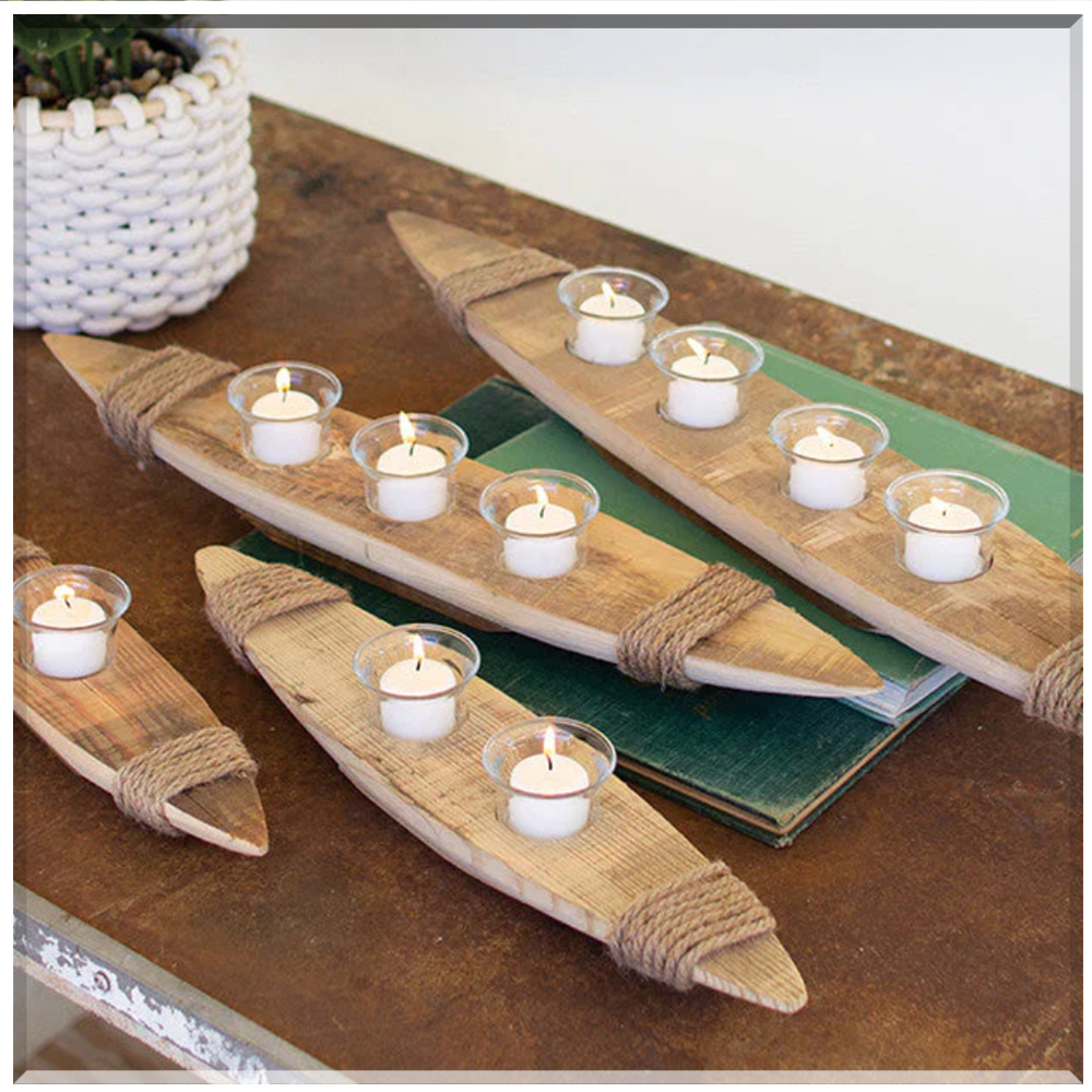 Rustic Wood Boat Tea Light Holder